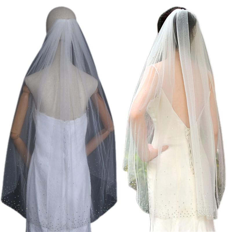 1 Tier Wedding Bridal Veil with Comb Sparkling Rhinestones Adornment Short Fingertip Length Cut Edge Tulle Veil