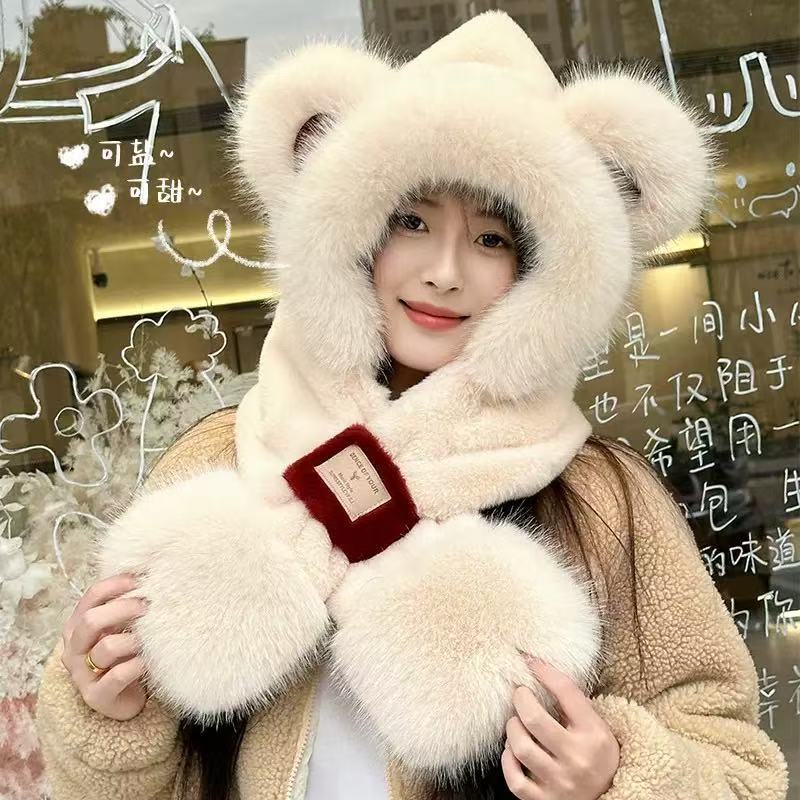 Plush Cute Fox Ear Hat Scarf One-piece Women's Autumn and Winter Hooded Scarf for Cycling and Keeping Warm