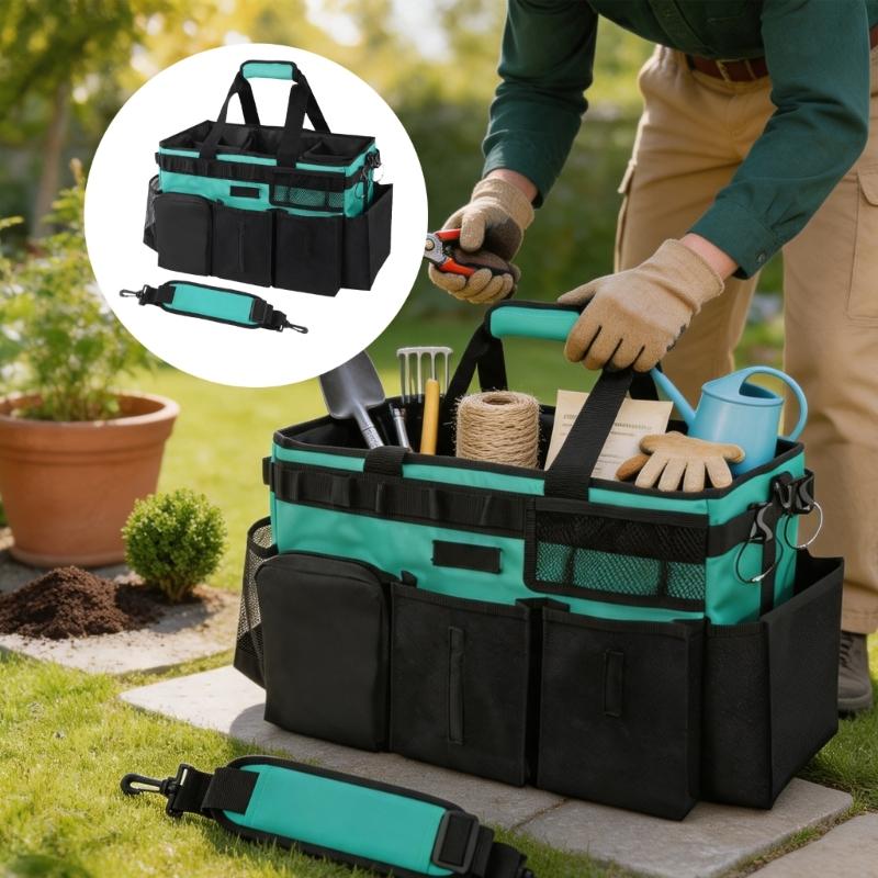 Wide Opening Cleaning Organizer Bag for Room To Room Supply Storage, Shape Holding Side Walls, Pocket Sections and Shoulder Belt Carry