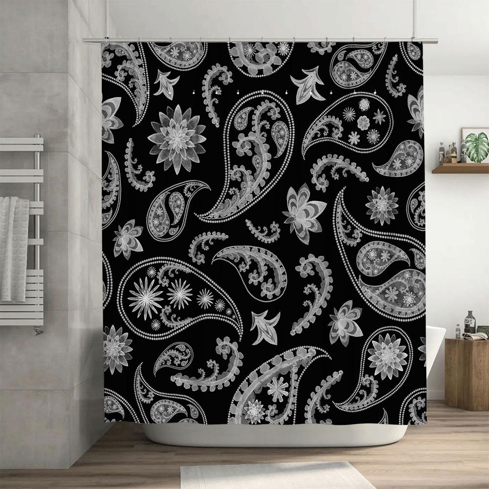 Luxury Bath Shower Curtain with Floral Paisley Print Black White Decorative Bathroom Liner Set for Home Decoration