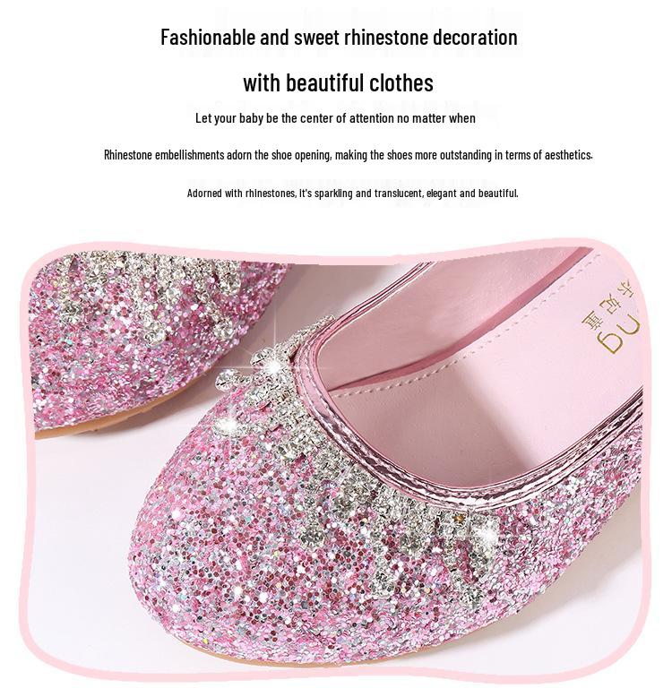Princess Girls' Sequined High Heels - Soft, Non-Slip Leather Shoes for Spring and Autumn