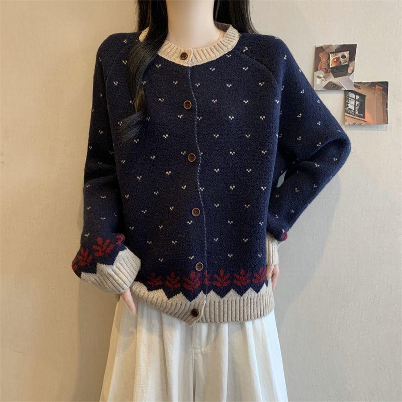 

Plus Size Korean Style Blue Jacquard Cardigan Sweater for Women, Autumn/Winter Knitwear Top 4XL (170-190 jin)