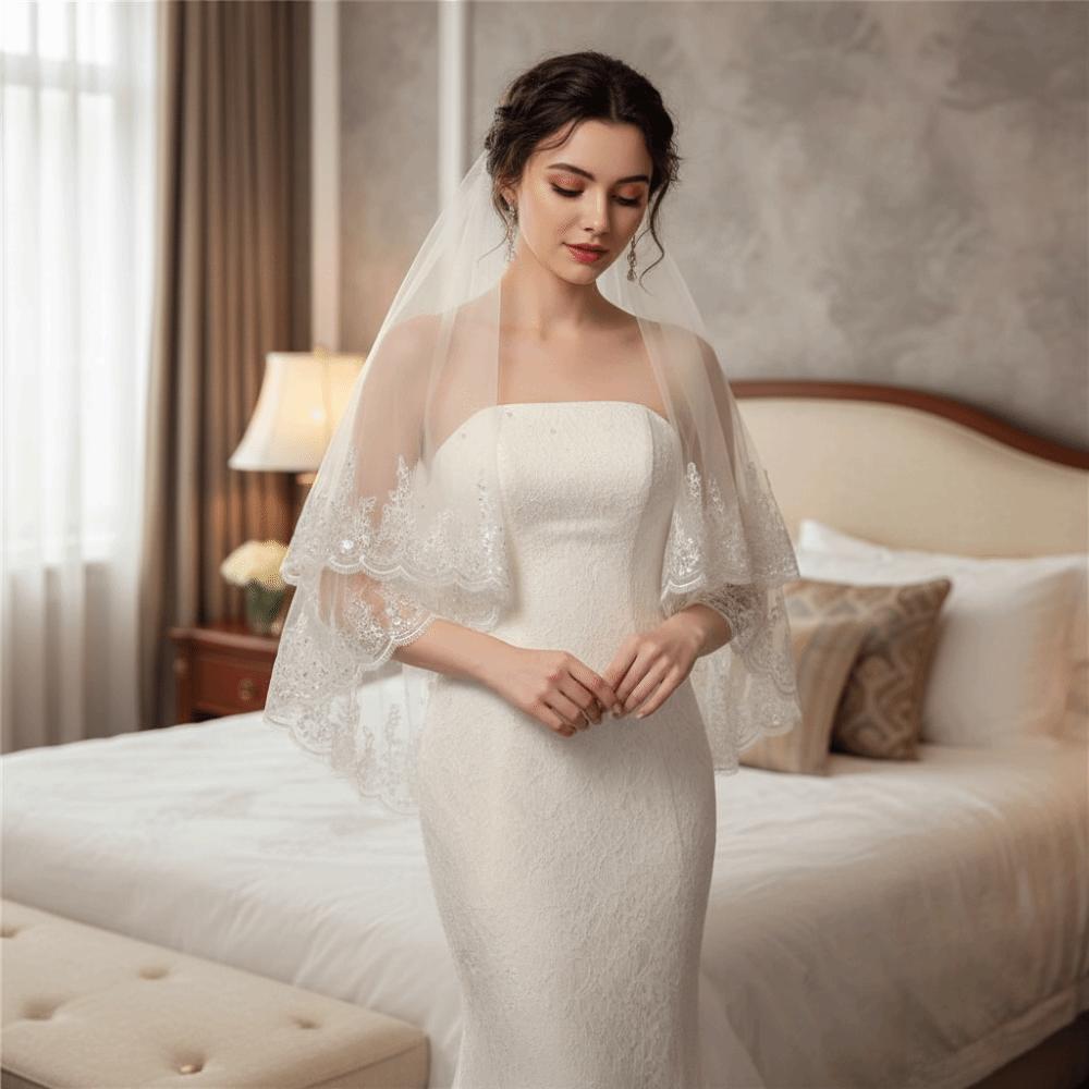 Lace Edge Bride Wedding Veils Luxury Mesh Veil Double Layers Bridal Veil  Wedding Day