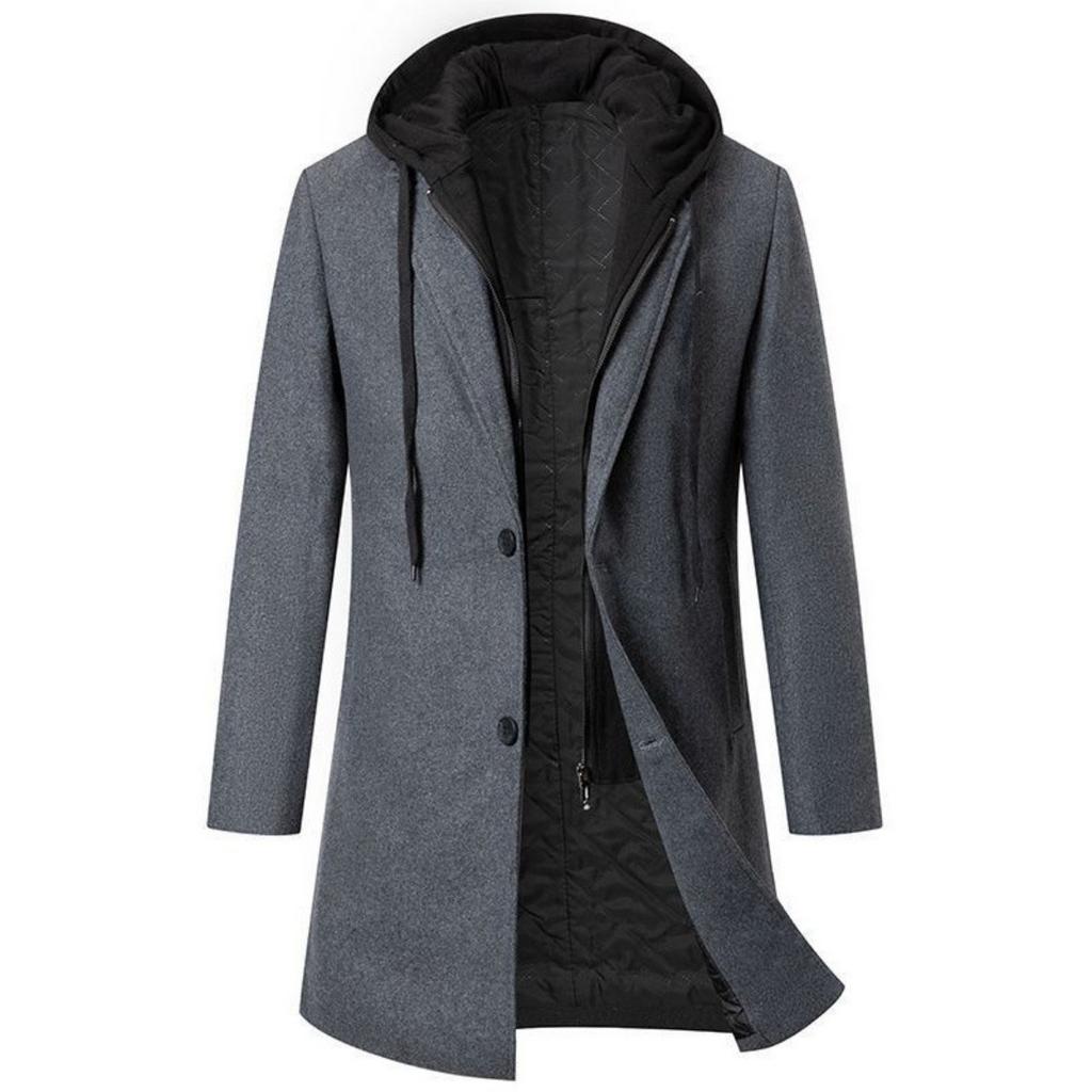 Autumn Winter Men's Thickened Padded Wool Hooded Overcoat, Fake Two-piece Mid-length Warm Parka Jacket