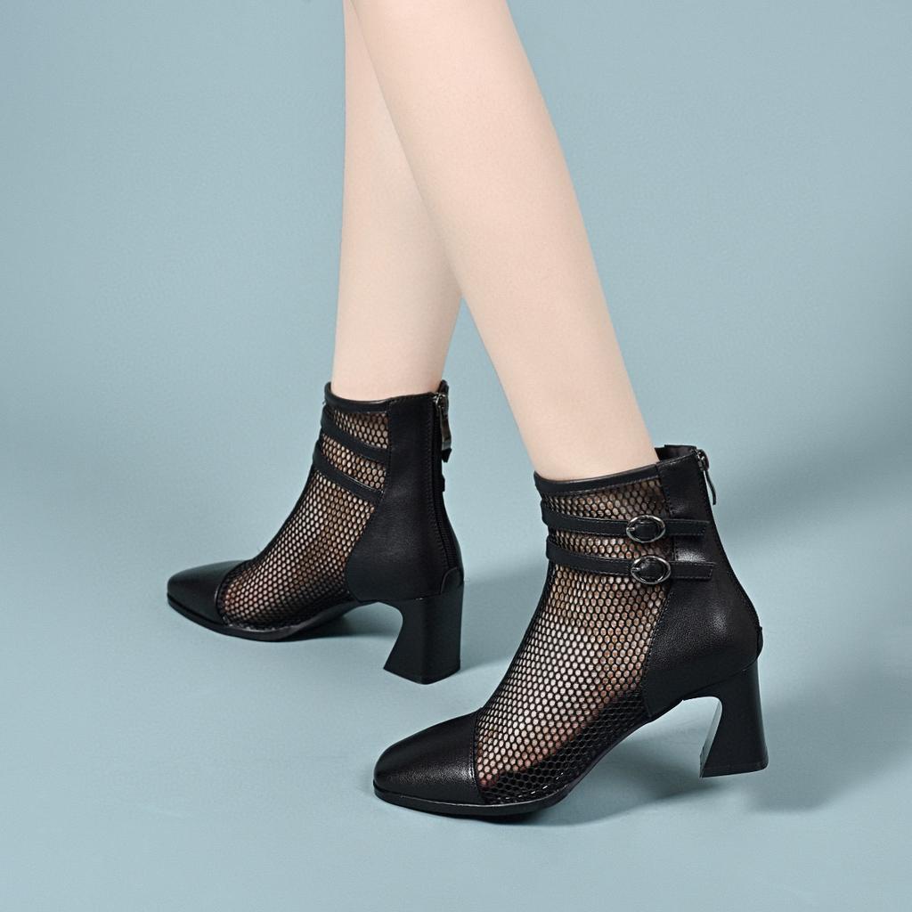 Square Head High Heel Cool Boots Women's Spring New Niche Personality Double Breasted Hollow Breathable Fashion Boots