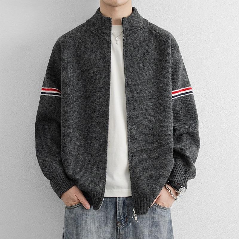 Unisex American Retro Color Block Cardigan Sweater with Stand Collar and Double Zipper for Autumn/Winter.