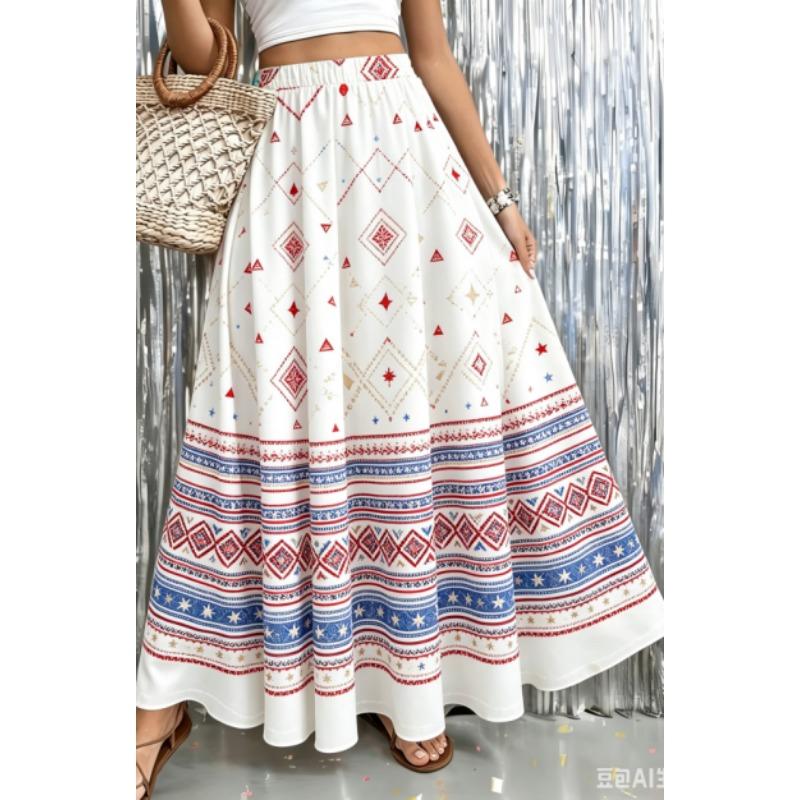 Gonna Lunga da Donna con Stampa Floreale Ditsy Rossa e Bianca, Stagione Unica, Vita Elastica Boho, Mezza Gonna Svasata