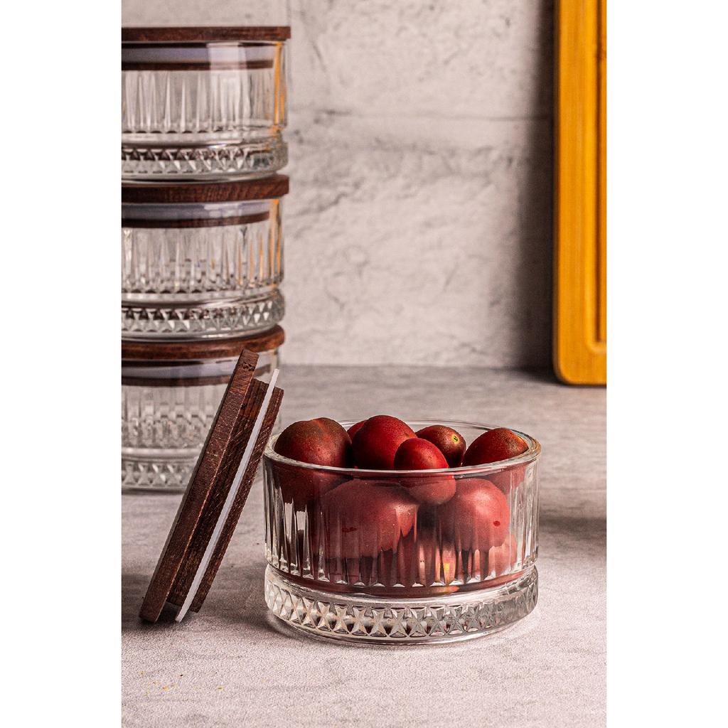 Bella 6-piece Wooden Vacuum Glass Breakfast Multi-purpose Glass Snack Bowl With Lid 235 Ml