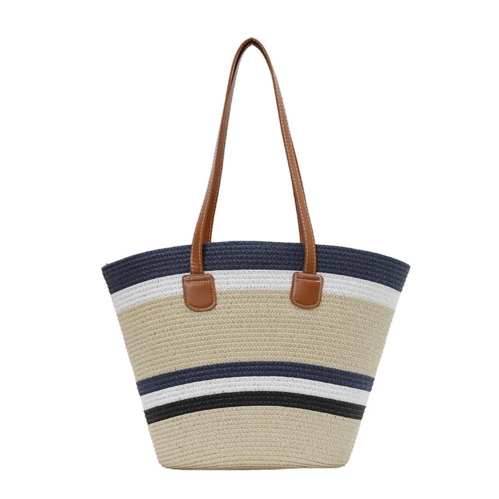 Large Capacity Stripe Woven Tote Bag Polyester Summer Beach Handbag Shopping Straw Bag  School