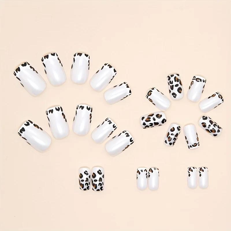 Leopard Print Press On Nails, Short Square Glue On Nails, Glossy Fake Nails For Women And Girls, 24 Pcs