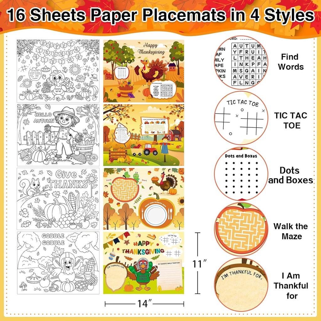 16pcs Thanksgiving Coloring Placemats for Kids 2-Sided Disposable Turkey Placemats to Color Paper Place Mats/Poster for Thankful Activity Happy