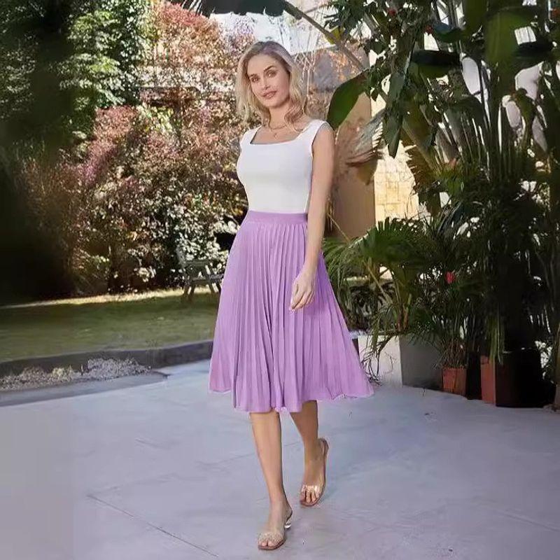 Solid Color Elastic Waist Half Length Skirt Pure Color Elastic Waist Skirt