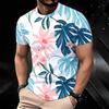 Women Short Sleeve Crew Neck T Shirt White Pink Blue Yellow Tropical Palm Leaf Print Top