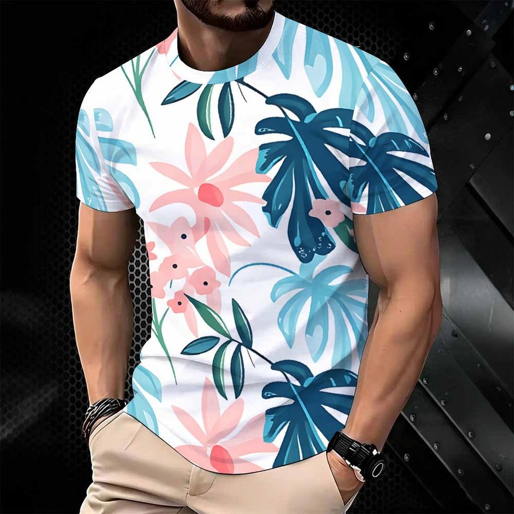 Women Short Sleeve Crew Neck T Shirt White Pink Blue Yellow Tropical Palm Leaf Print Top