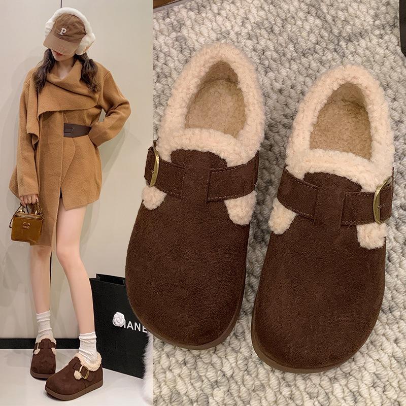 

thick-soled women s velvet one-pedal beanie shoes, new winter fluffy shoes, snow boots, Boken cotton shoes 40 темно-коричневого