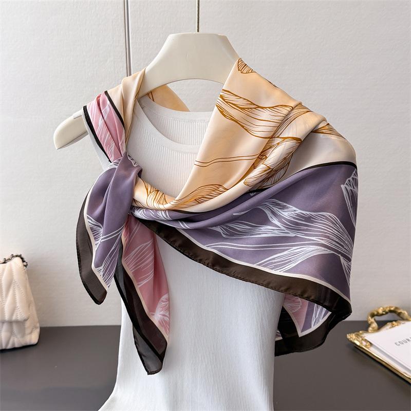 Spring And Summer Contrasting Color Splicing Satin Simulation Silk Printing Large Square Scarf Silk Scarf Shawl Headscarf Neck Protection Scarf