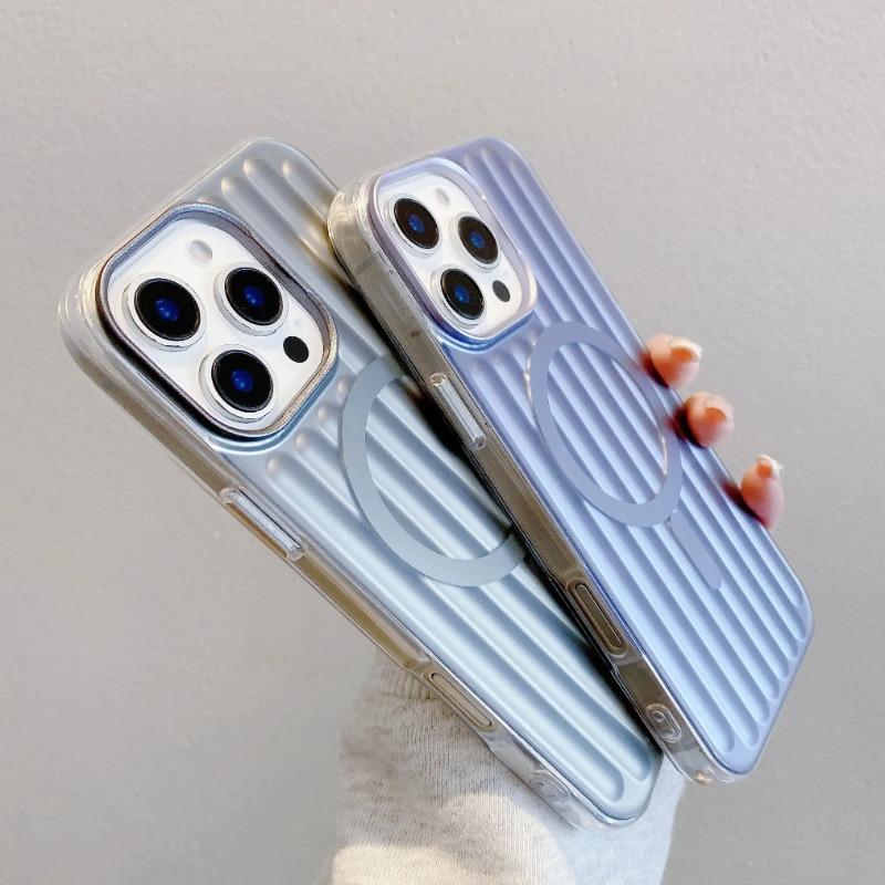 Frosted PC Stripe For Magsafe Magnetic Phone Case For iPhone 16 15 14 Pro Max 13 Wireless Charging Corrugated Shockproof Cover
