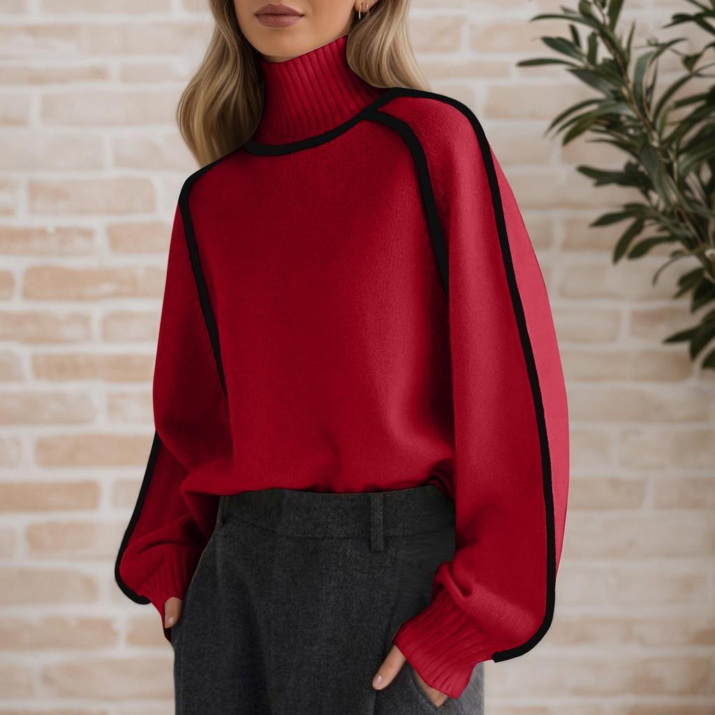 Pull décontracté à col rond et colorblock pour femme, coupe ample, manches longues, haut de couleur contrastée