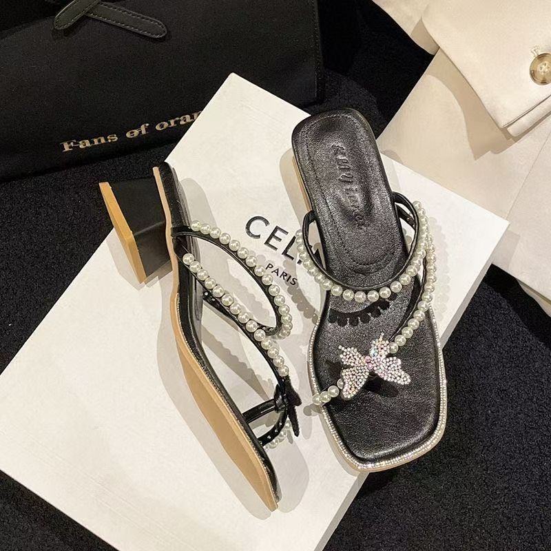 Rhinestone Bow French Fairy Wind 2025 Summer New Mezzanine High Heel Sandals Women's Retro Thick Heel Cold Slippers