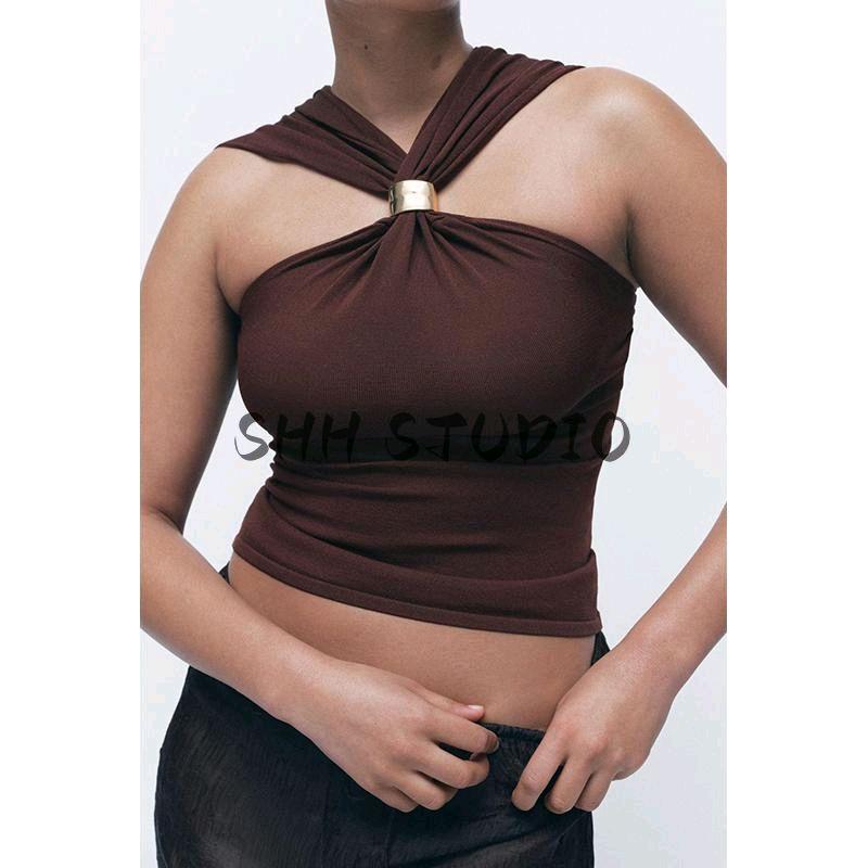 Spring New Women's Clothing French Style All-Matching Gold Inlaid Wide Shoulder Strap Hanging Collar Knitting Tops 4938116