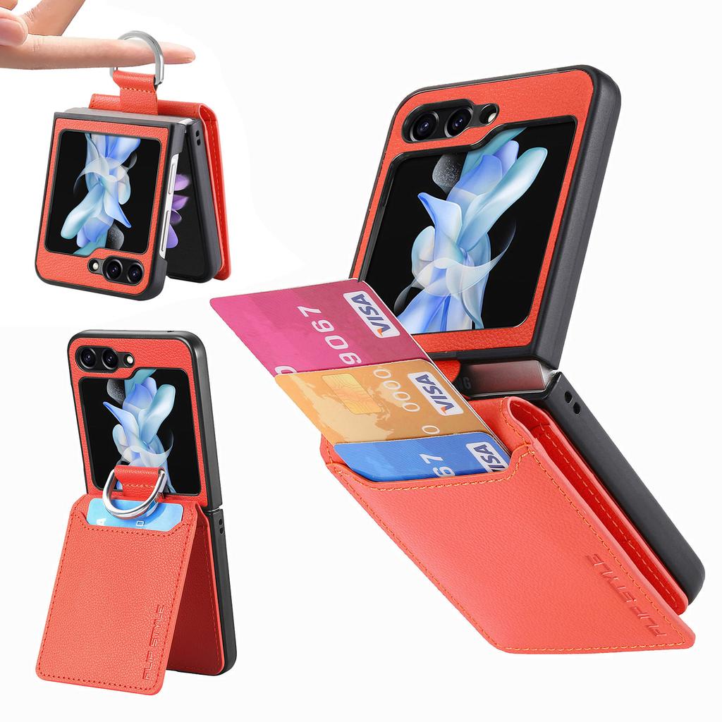 For Samsung Galaxy Z Flip6 5G Phone Case Card Slot Kickstand PU+PC Cover with Finger Ring