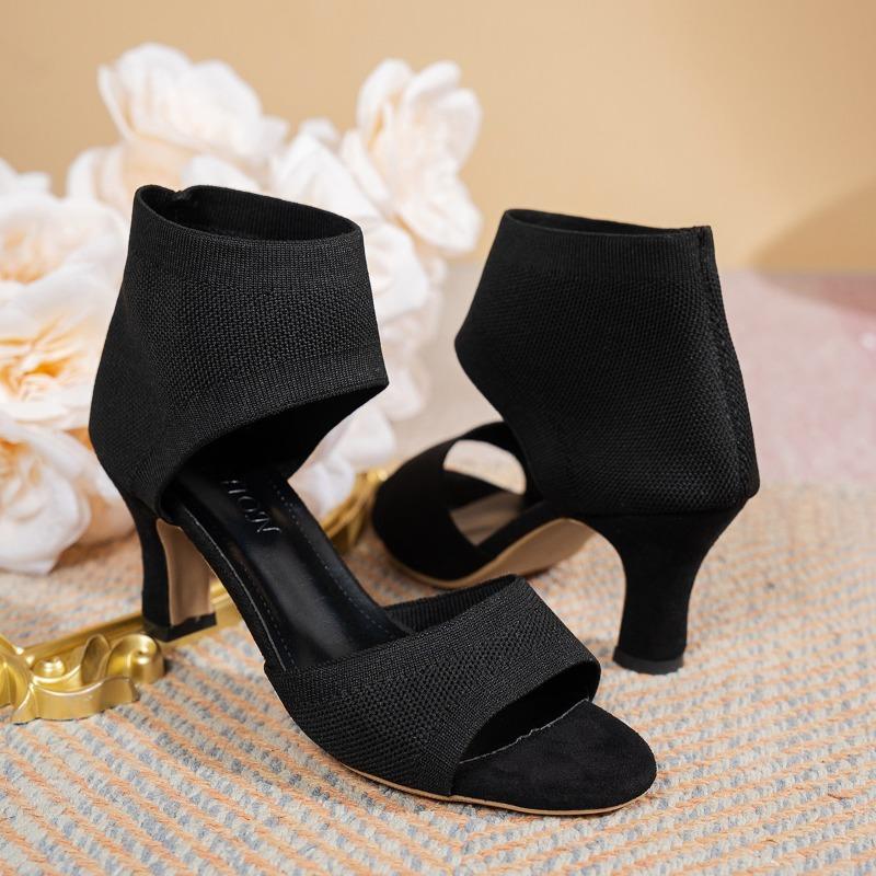 Fashionable High Heel Fish Mouth Knit Shoes Women's Summer 2026 New Style Plus Size Stocking Shoes With Tie Back Strap