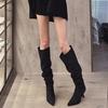 European and American joints trendy women's retro pointed thin heel high heel boots pleated two wear stacking boots khaki gray boots