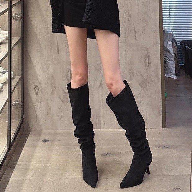 European and American joints trendy women's retro pointed thin heel high heel boots pleated two wear stacking boots khaki gray boots