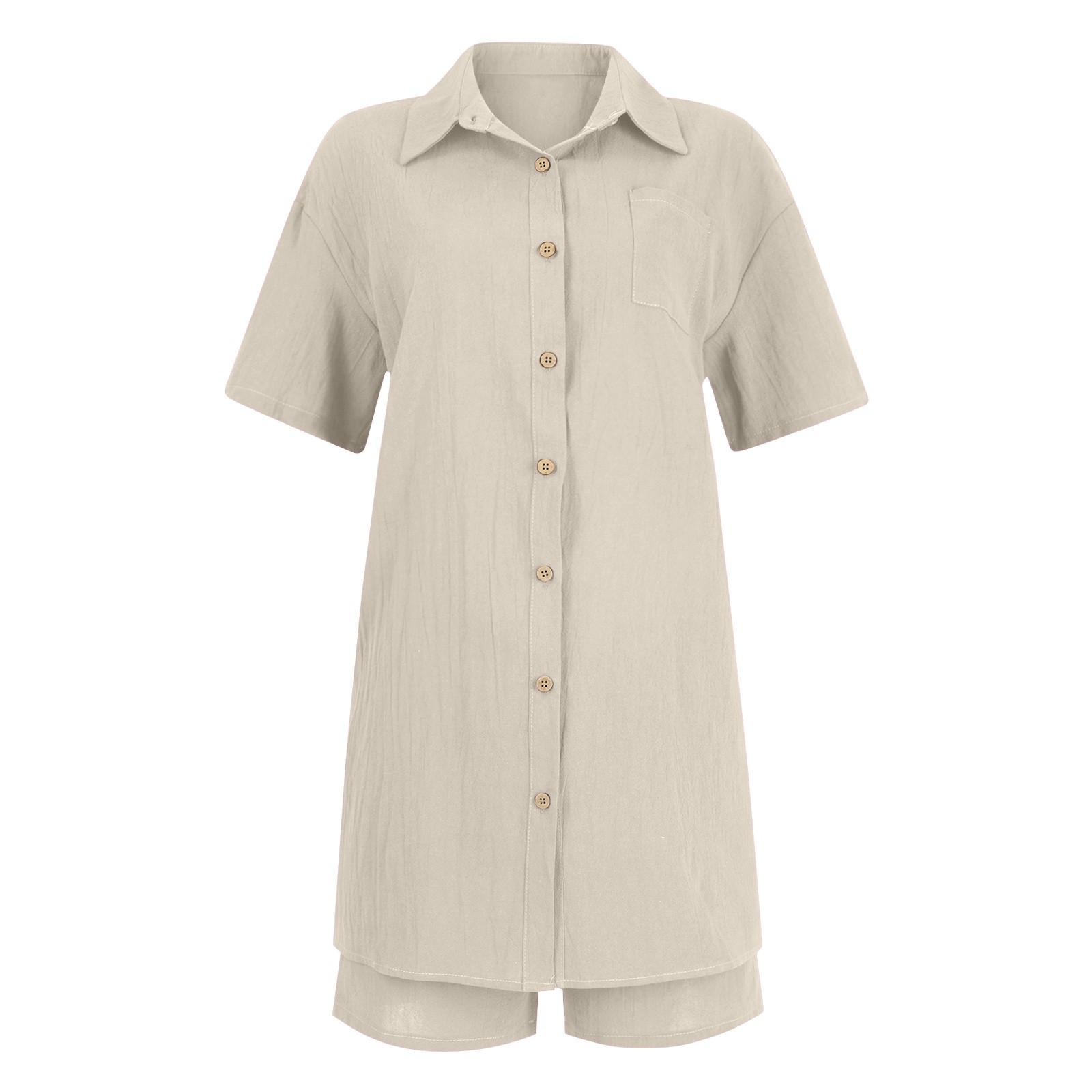 

Женская модная свободная рубашка с лацканами и коротким рукавом с карманом и эластичной резинкой на талии, однотонный костюм хаки