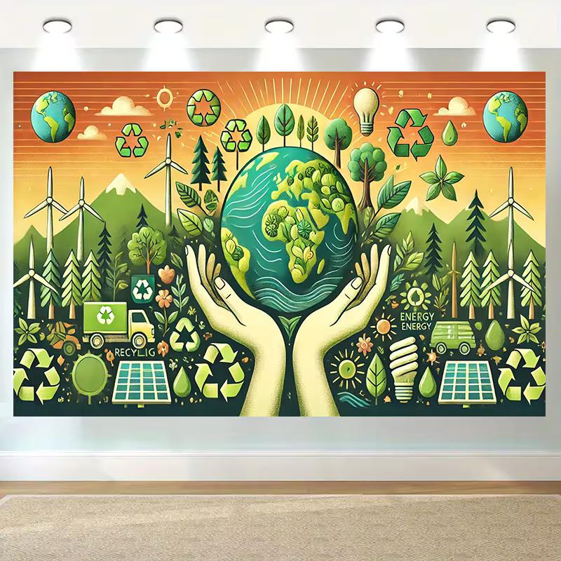 2D Environmental Awareness Backdrop, Earth Day Recycle & Renewable Energy Party Background