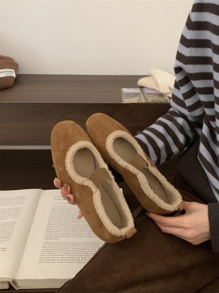 French Retro Evening Shoes Mary Jane Shoes Velvet Warm Lamb Wool Beanie Single Shoes Flat Brown Fluff Shoes