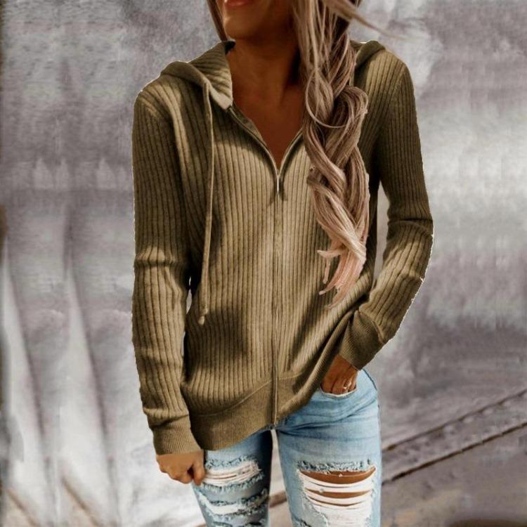 Gestrickter Pullover Hoodie Damen Locker Reißverschluss Strickjacke Langarm Einfarbig Freizeit Herbst Winter Mit Kapuze