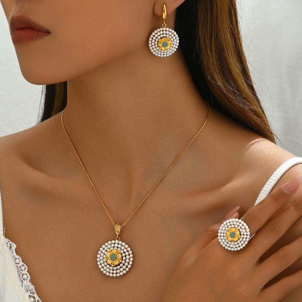 Simple geometric style jewelry set versatile inlaid pearl necklace ring design versatile earrings women