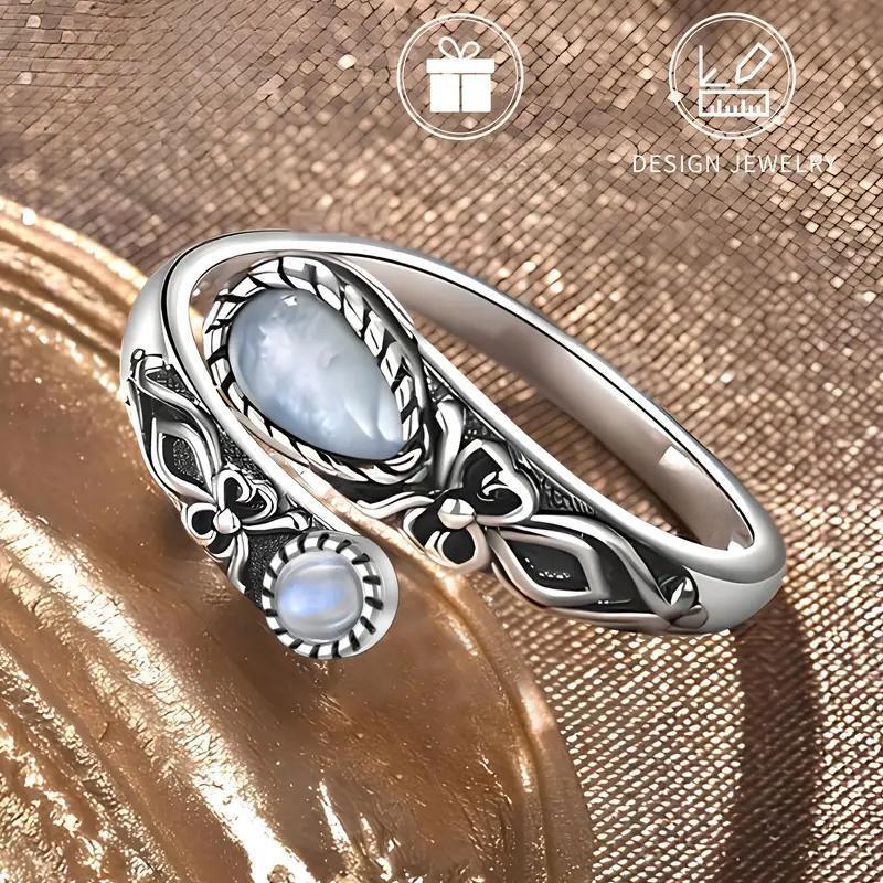 Ring,moonstone Ring,Silver Color,adjustable Ring,boho,vintage,spoon Ring,butterfly,synthetic Stone,gift