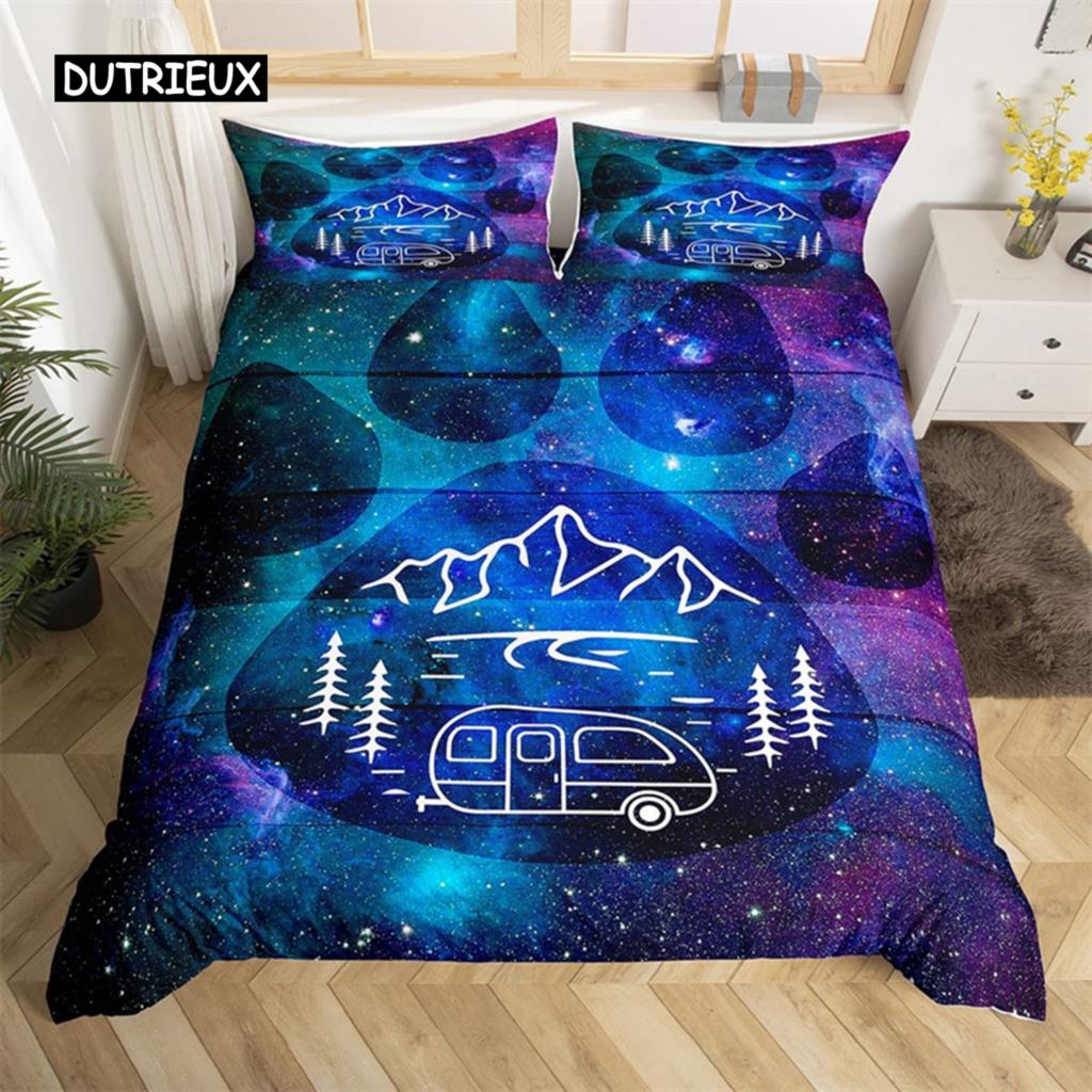 Camping Duvet Cover Microfiber Galaxy Stars Moon Happy Camping Comforter Cover Camper Truck Geometry Mountain Trees Bedding Set