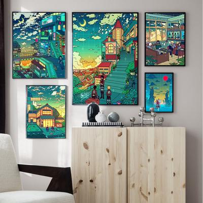 Art Mural Anime HD Dessin Animé Vue Rue Affiche Décoration Maison Nuit Boutique Maison Peinture Chambre Impression Modulaire Affiche Toile Murale