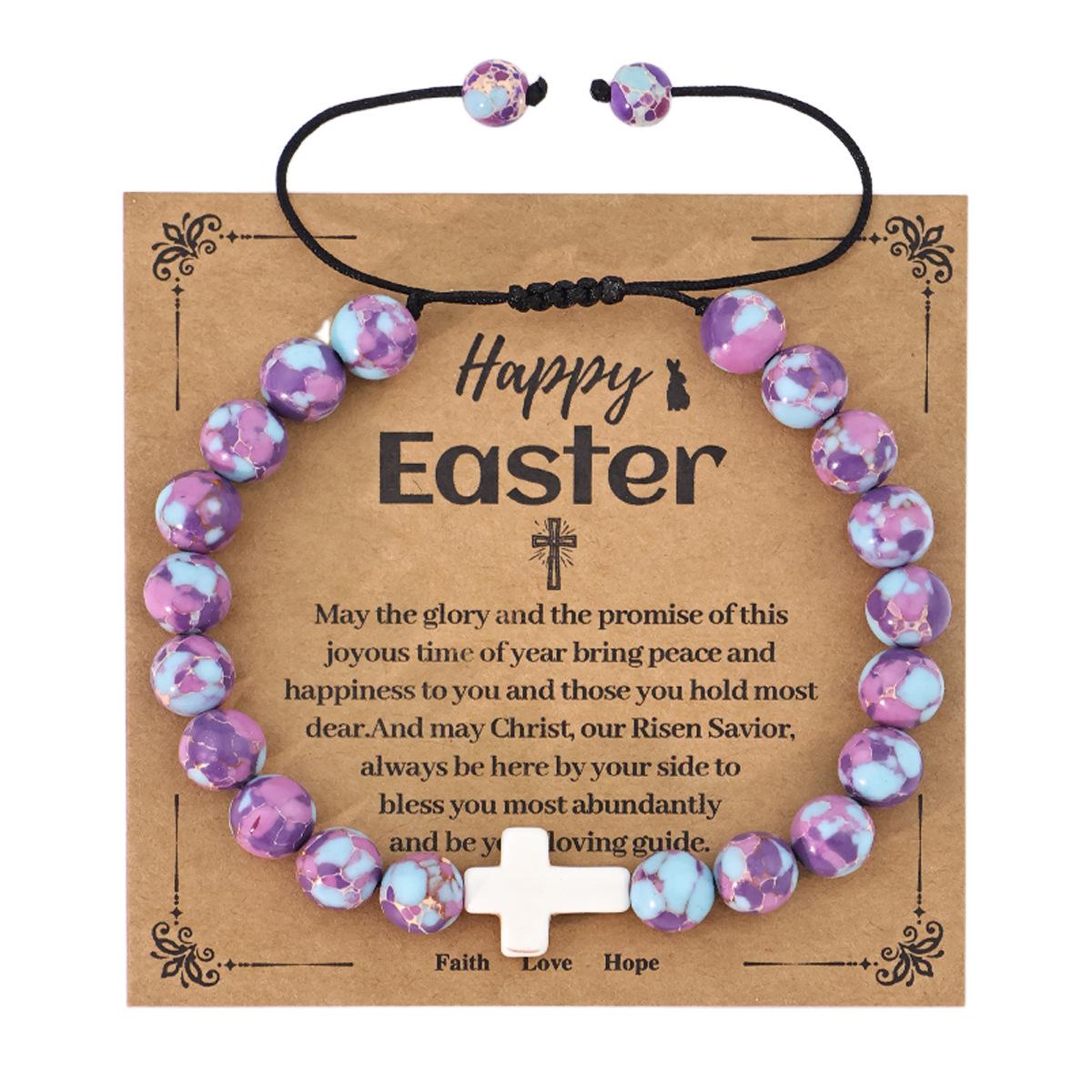Purple Imperial Jasper Easter Cross Bracelet - Elastic Natural Stone Festival Gift 8mm with card, 15.6g фиолетовый