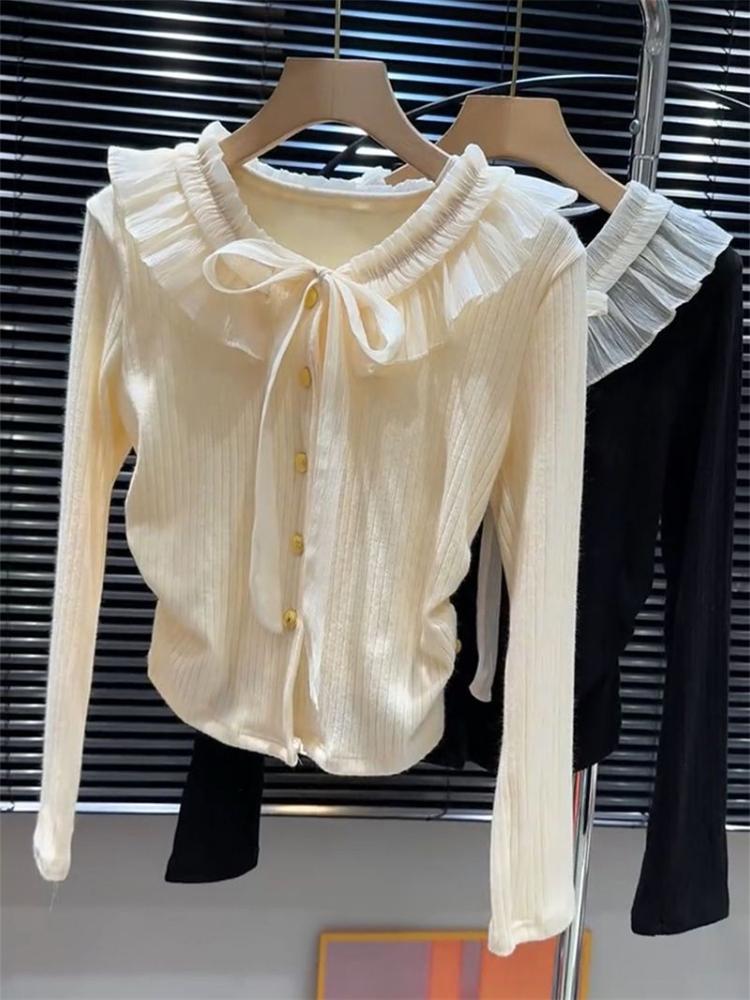 

Франция Элегантная рубашка с длинными рукавами для женщин Милый бант Оборка Пуловер для вечеринки Осень Зима Модный дизайн Sense Bottoming Tops XL абрикосовый