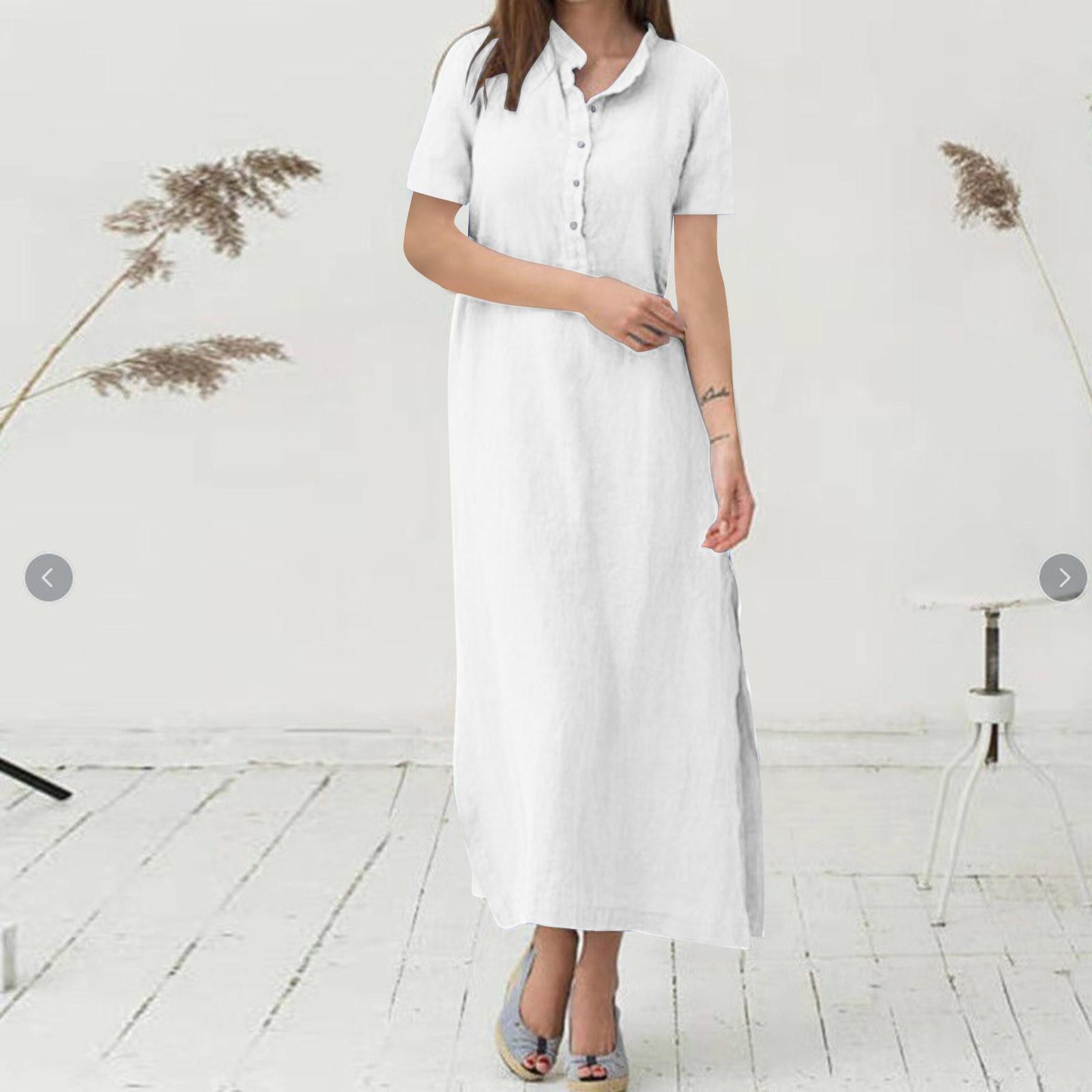 

Женское кафтановое хлопковое платье-рубашка с короткими рукавами и простым повседневным стилем, длинное платье-рубашка большого размера L белый