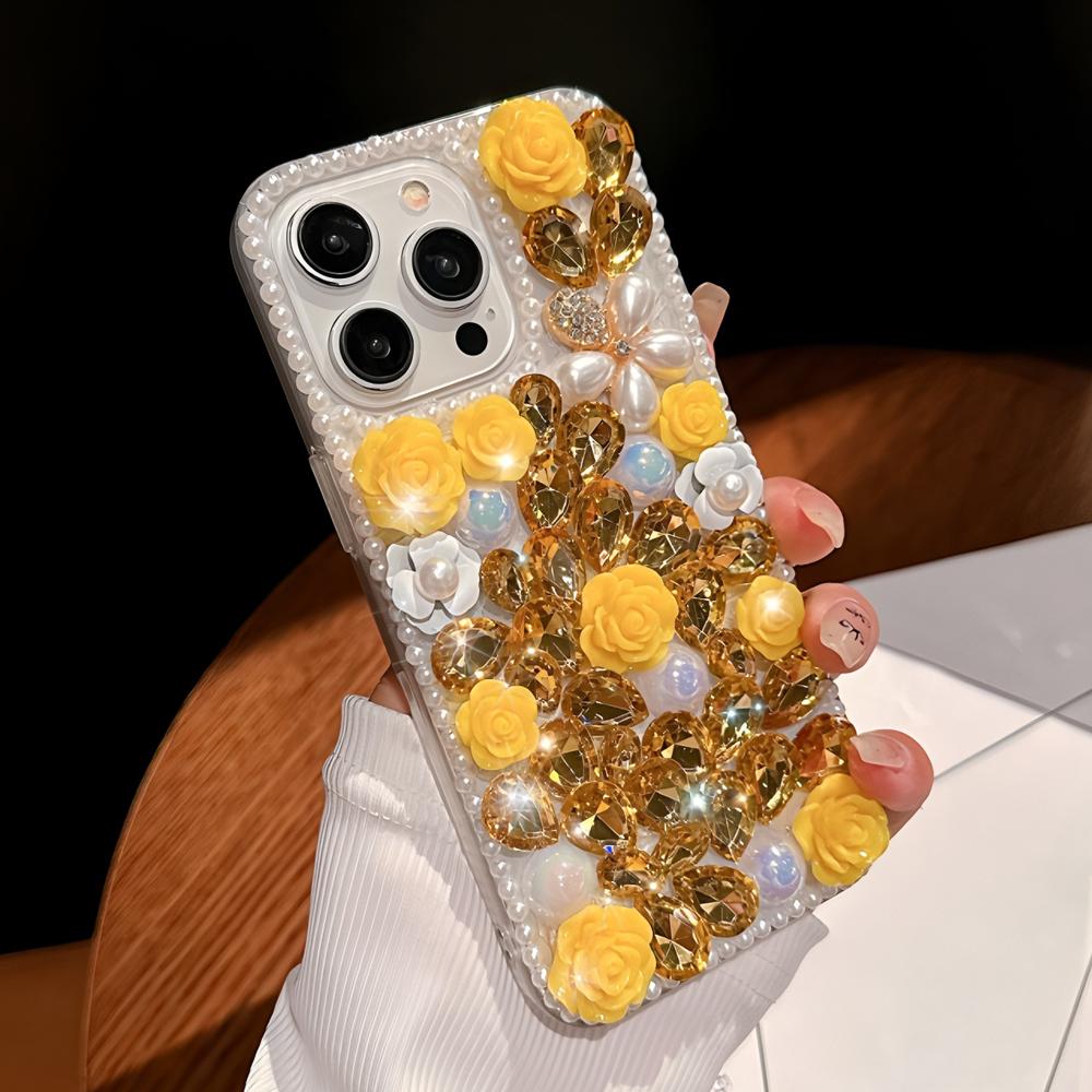 

Glitter Bling Phone Case For Honor 400 Lite Pro 200 Smart 90 50 SE 5G 3D Rose Flower with Diamonds and Pearl Cover Honor 50 Pro жовтий