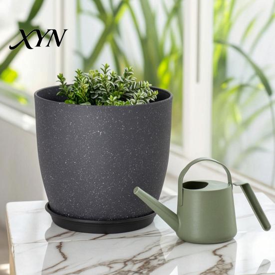 Indoor Planters for Plants Modern Plant Pot with Saucer, Gray Flower Decorative Pots Spaces Drainage Holes, Stone-Look Planter Outdoor Sturdy