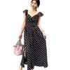 Fashion French polka dot dress summer new pleated waist thin large size temperament long skirt