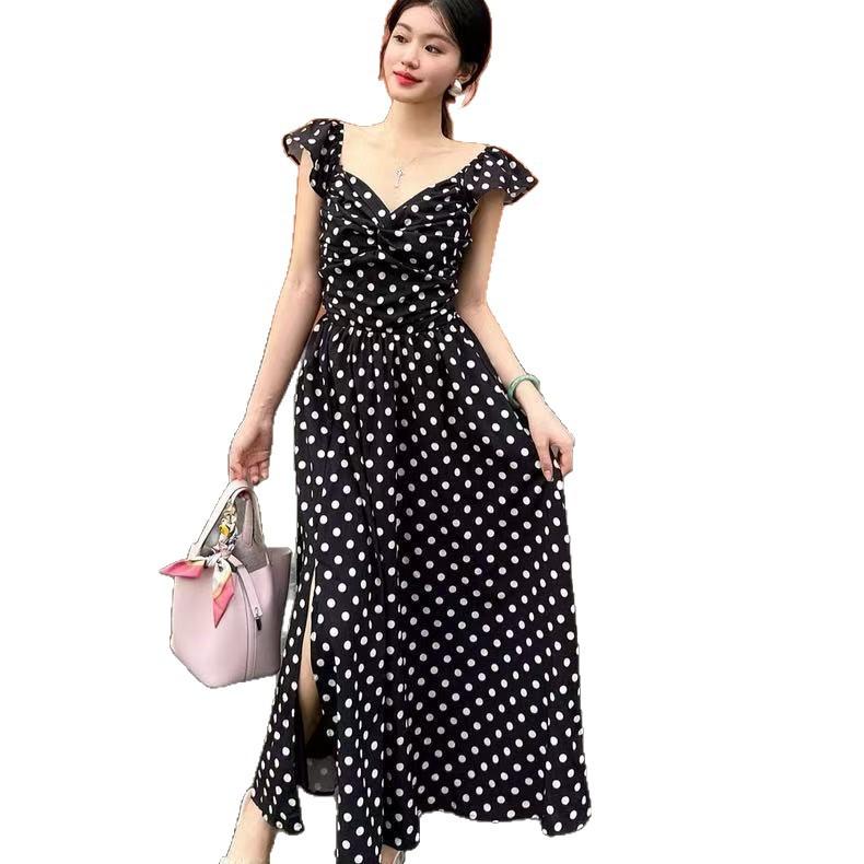 Fashion French polka dot dress summer new pleated waist thin large size temperament long skirt