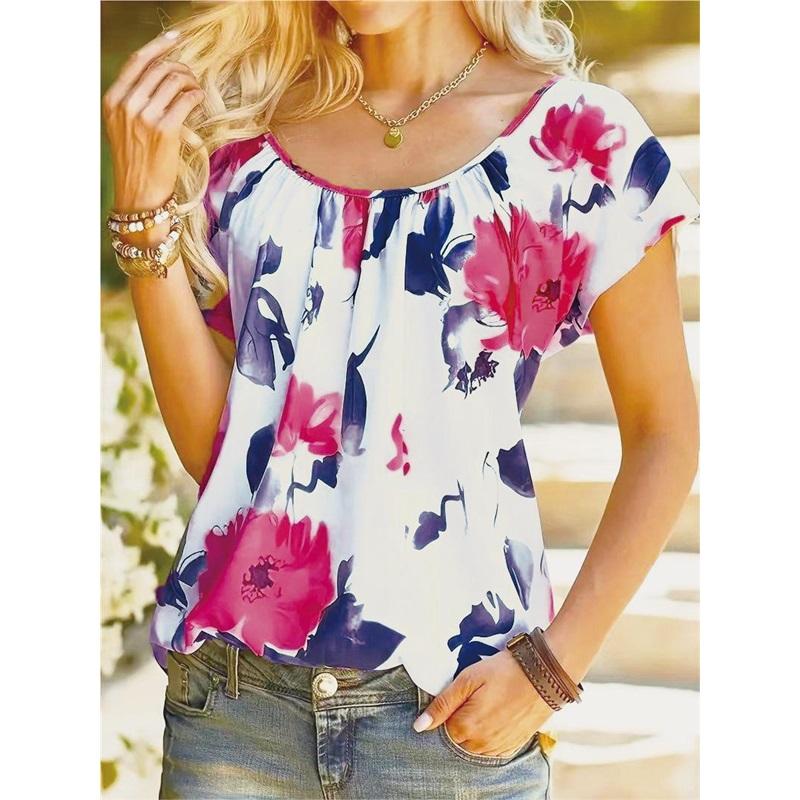 Women's Summer Floral Fold Printed Short-sleeved Round Neck Loose T-shirt