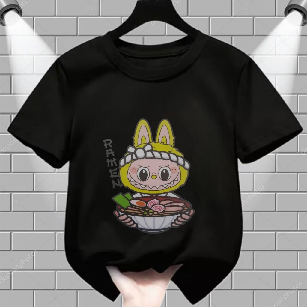 LABUBU Kinder Kurzarm Lamian Nudelmuster Mädchen Rundhals T-Shirt Mode Locker Kinder Top