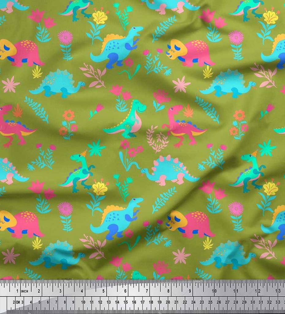 Soimoi Black Japan Crepe Satin Fabric Aster Flower & Dinosaur Kids Print Fabric by Metre 42 Inch