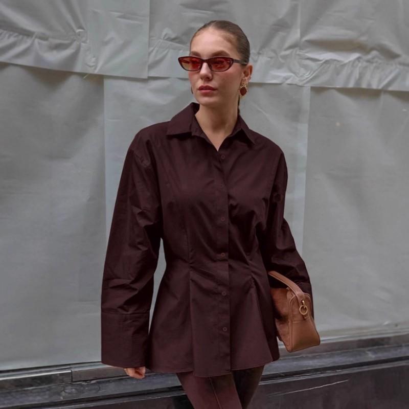 Womens Slim Fit Pleated Cotton Blouse Long Sleeve Office Shirt Mid-Length Brown White Black