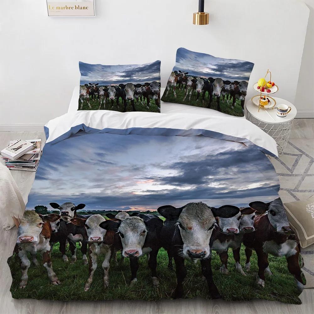 Highland Cattle Duvet Cover Set Funny Farm Animal Comforter Cover For Kids Boy Cow Mountain Meadow Queen Size 2/3pcs Quilt Cover