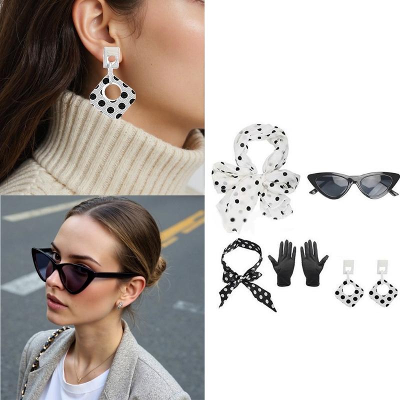 1950s Costume Accessories 50s Scarf,Cats Eye Glasses,Bandana Tie Headband,Drop Dot Earrings Halloween Cosplay Costumes