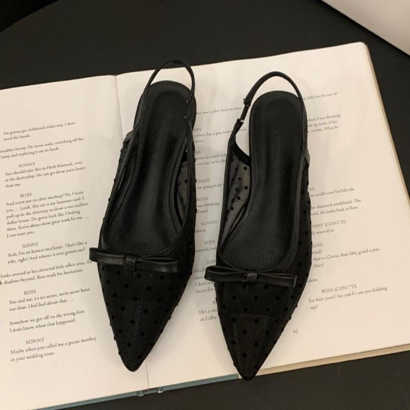 Hot Selling 2025 Low Heel Bow Baotou Sandal Summer Mesh Breathable Polka Dot Single Shoe Pointed Toe Wear Sandales Women's Shoes
